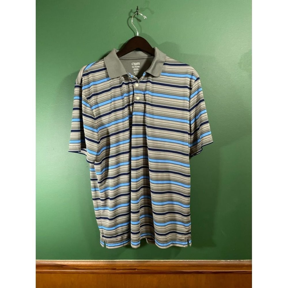 Chaps Golf - Men's Grey/Black/Blue Striped Short Sleeve Polo - Size XL
